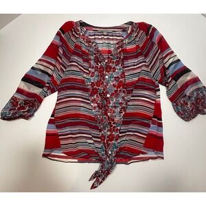 Valerie‎ Stevens Red Striped Floral Tie Front Blouse Women's Medium Top
